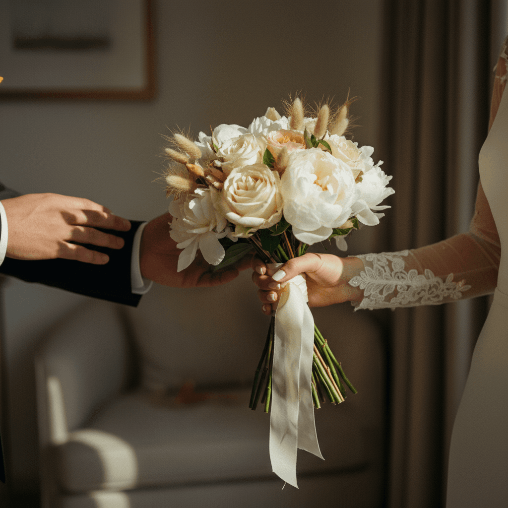 Bride's trembling hands holding bouquet as groom gently touches her arm, captured in golden window light